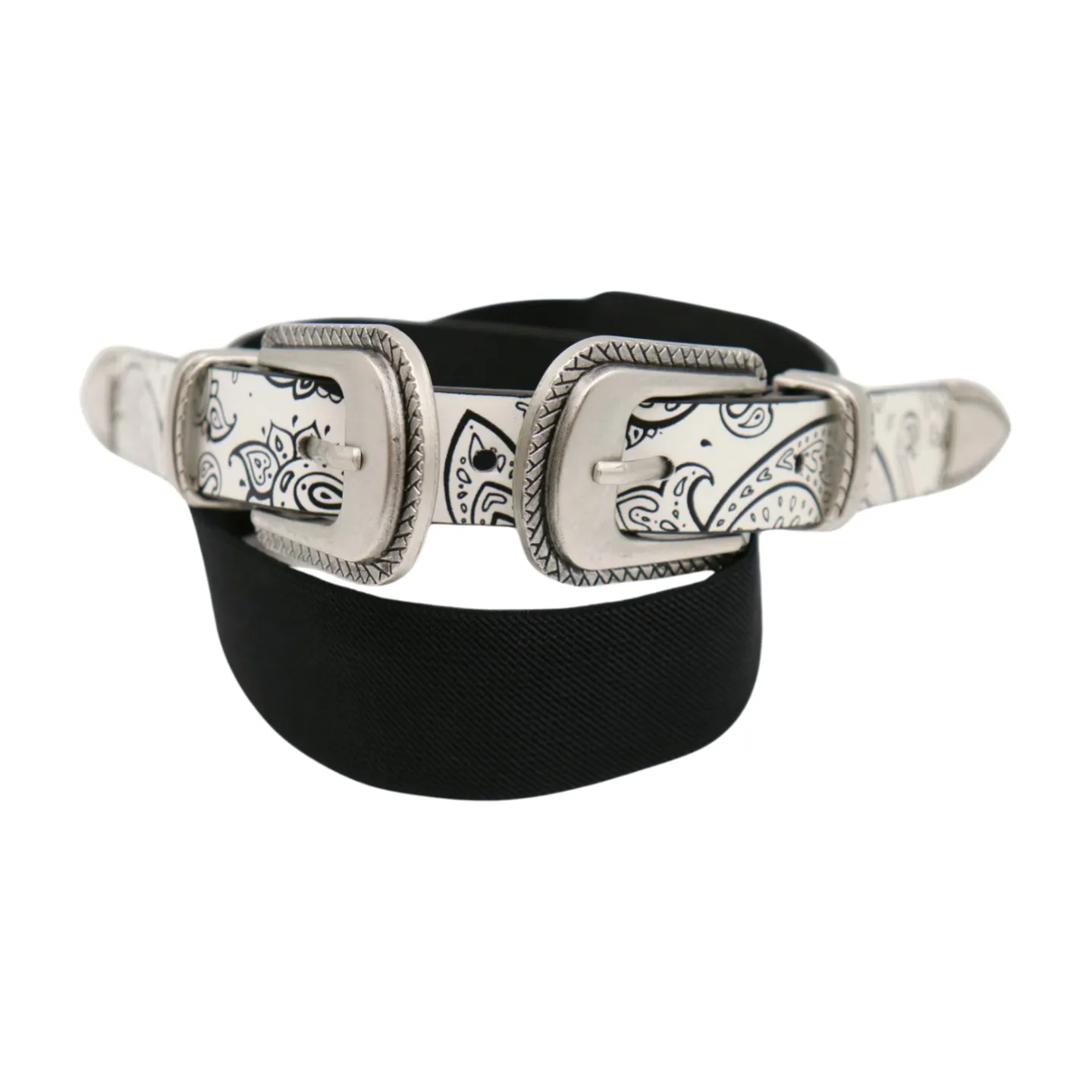 Women White Elastic Belt Paisley Print Double Western Buckles S M