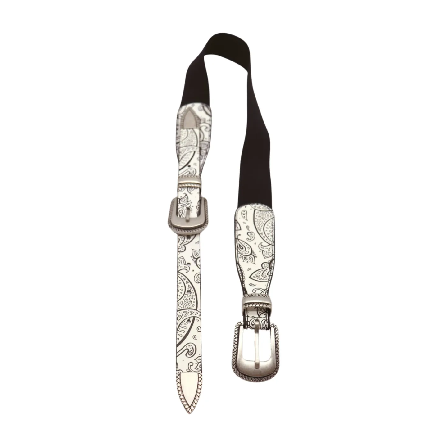 Women White Elastic Belt Paisley Print Double Western Buckles S M