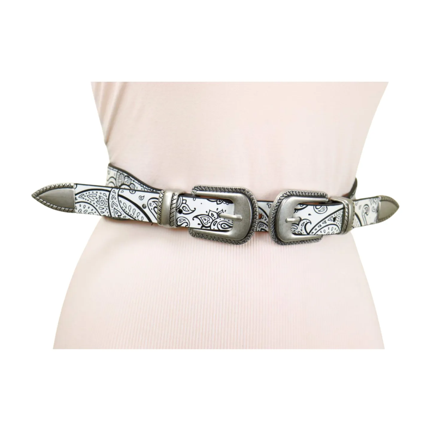Women White Elastic Belt Paisley Print Double Western Buckles S M