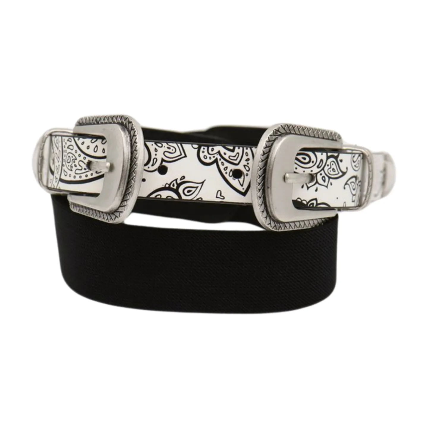 Women White Elastic Belt Paisley Print Double Western Buckles S M