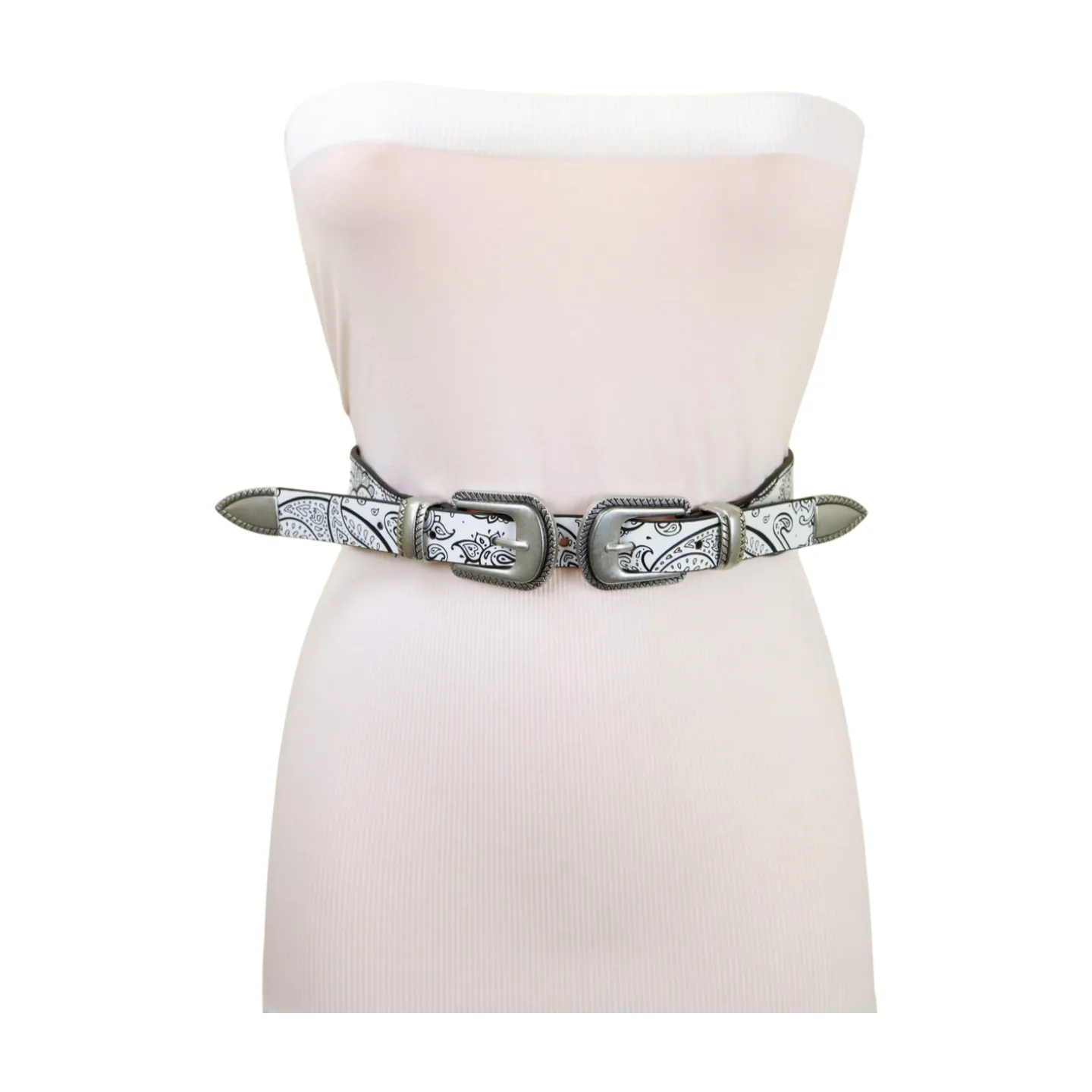 Women White Elastic Belt Paisley Print Double Western Buckles S M