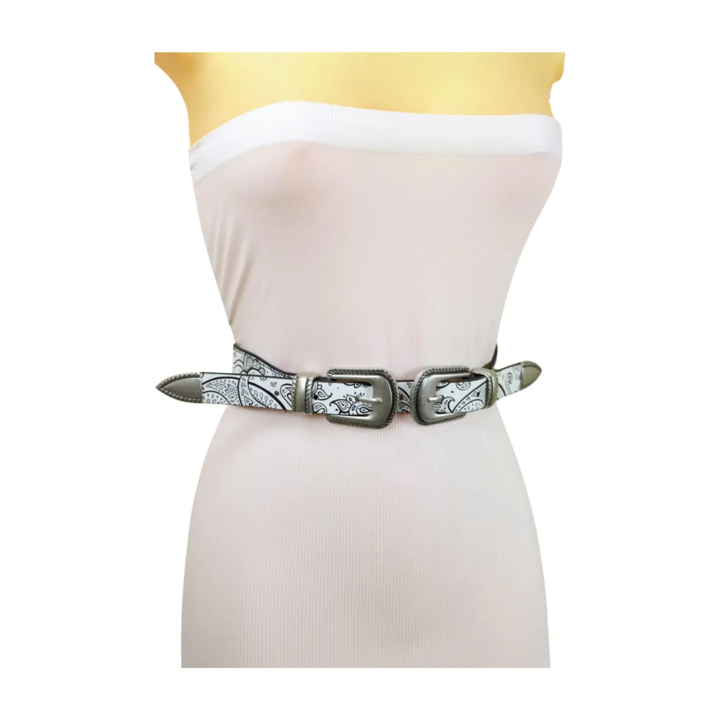 Women White Elastic Belt Paisley Print Double Western Buckles S M