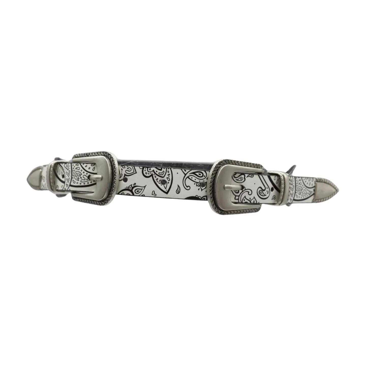 Women White Elastic Belt Paisley Print Double Western Buckles S M