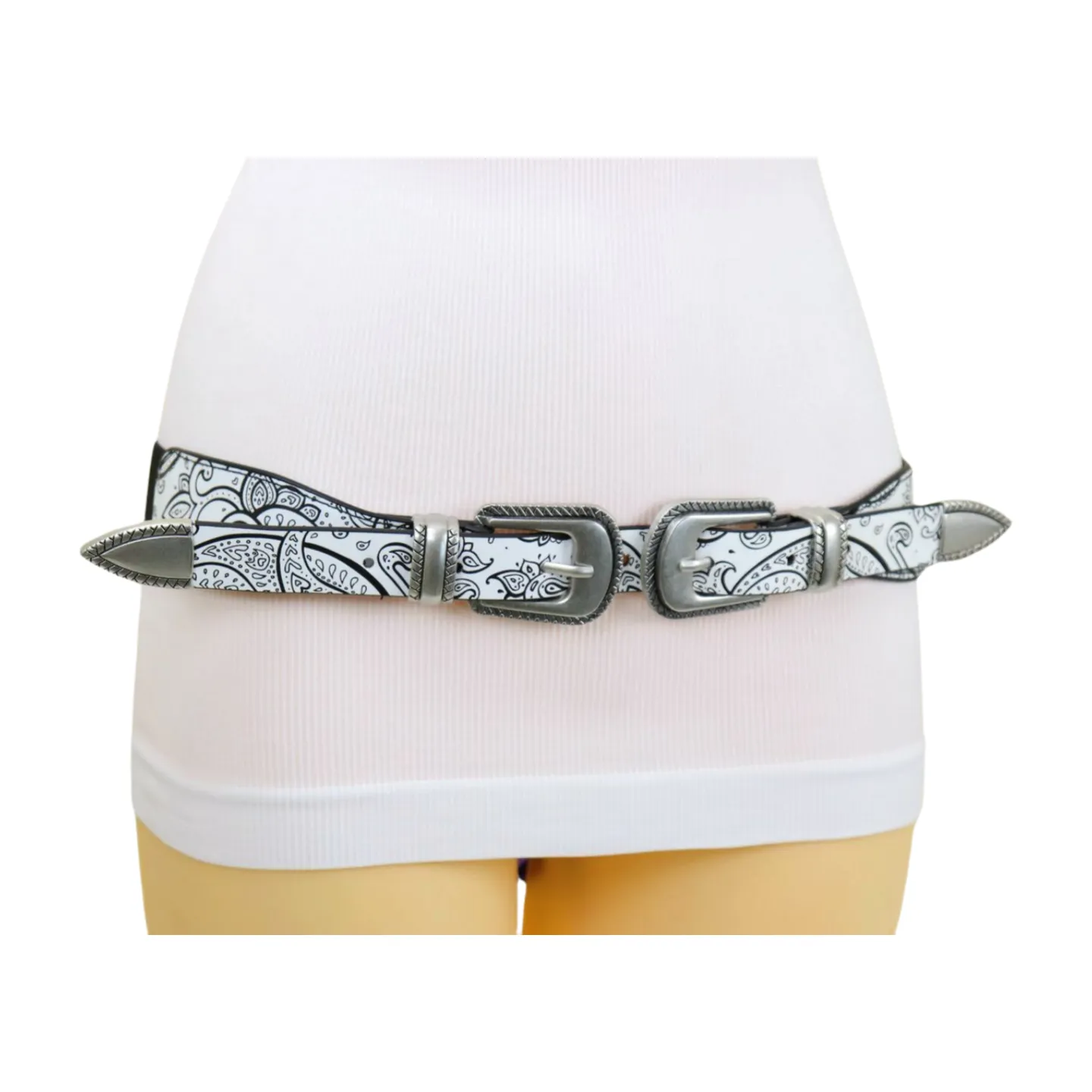 Women White Elastic Belt Paisley Print Double Western Buckles S M