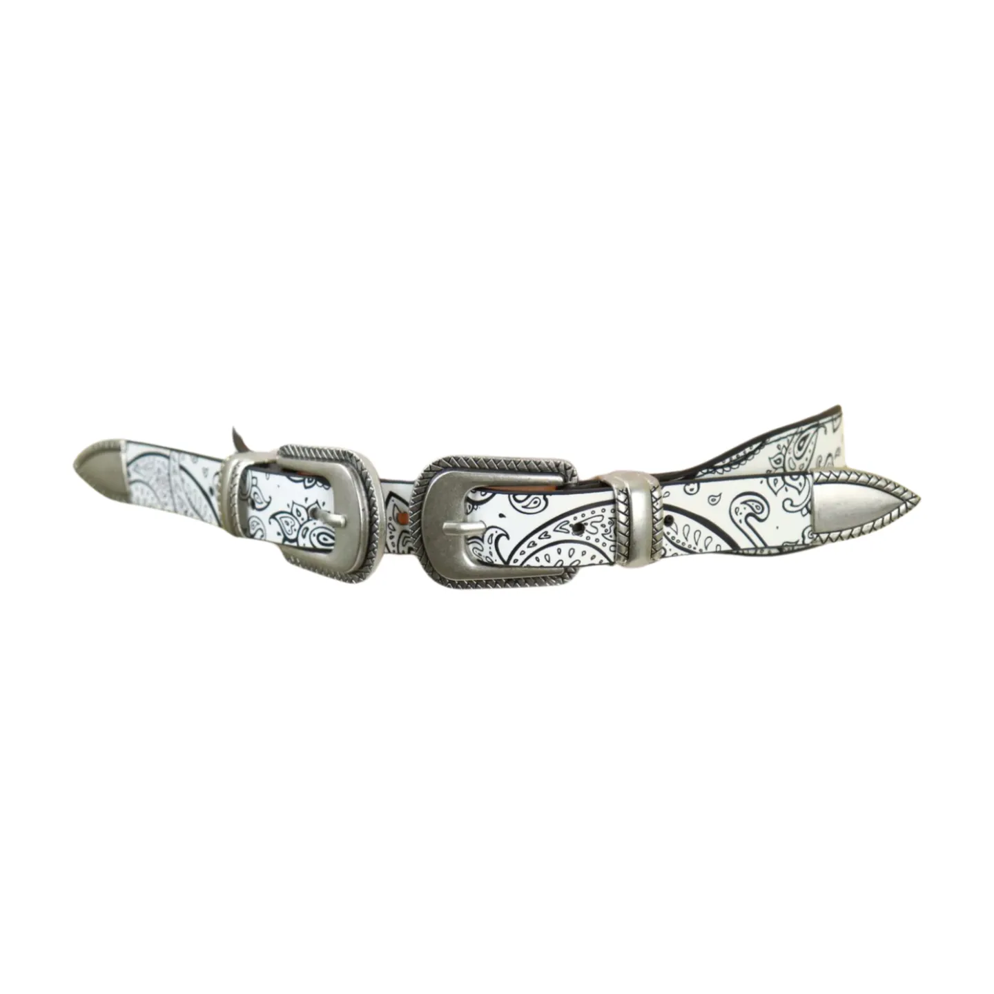 Women White Elastic Belt Paisley Print Double Western Buckles S M