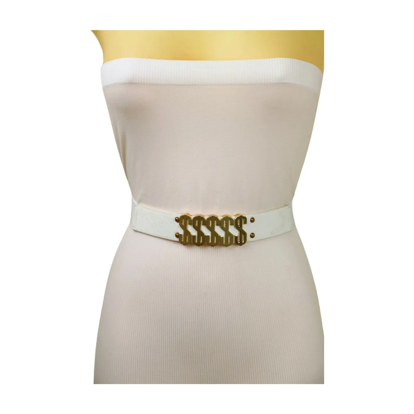 Women White Narrow Elastic Belt Gold Metal Dollar $$$ Size S M z009