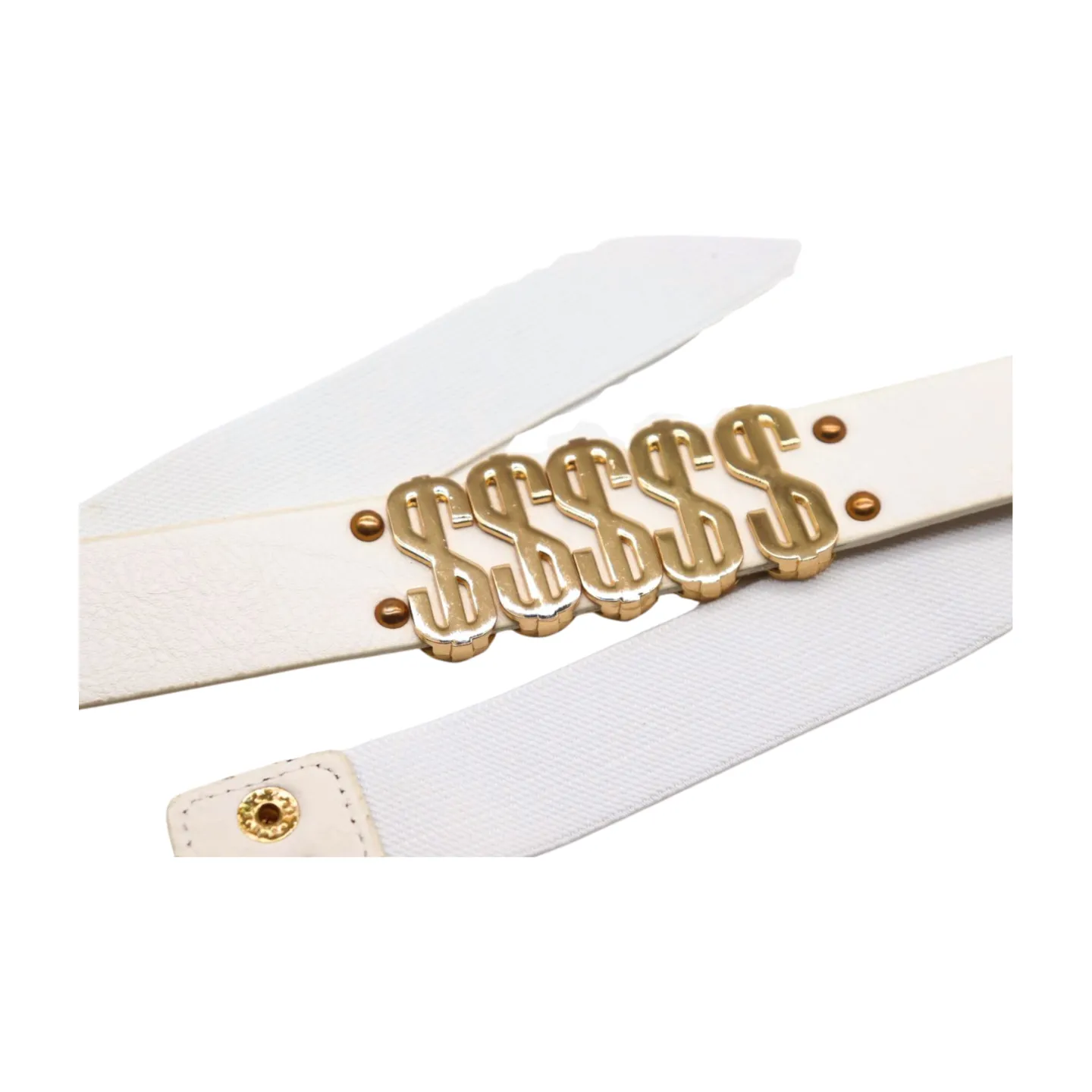 Women White Narrow Elastic Belt Gold Metal Dollar $$$ Size S M z009