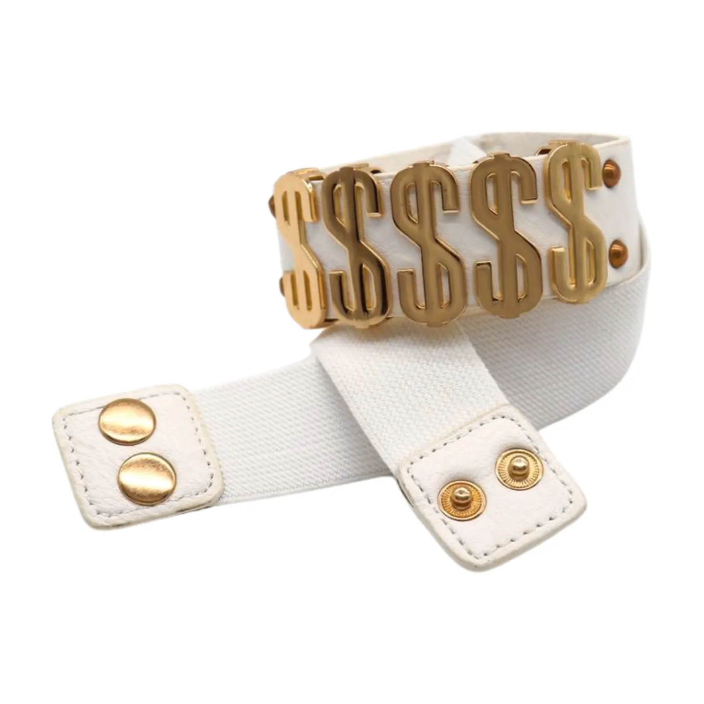 Women White Narrow Elastic Belt Gold Metal Dollar $$$ Size S M z009