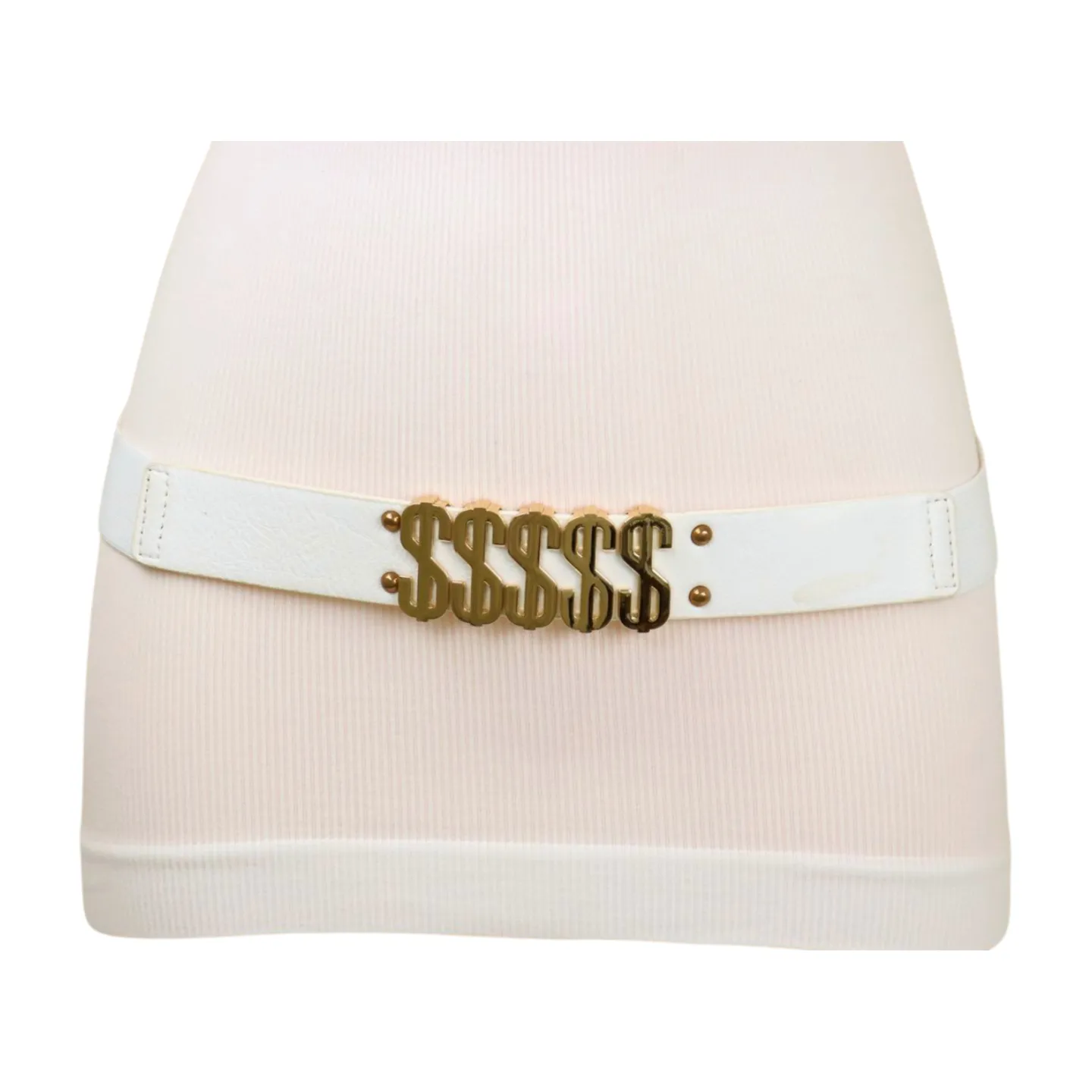 Women White Narrow Elastic Belt Gold Metal Dollar $$$ Size S M z009