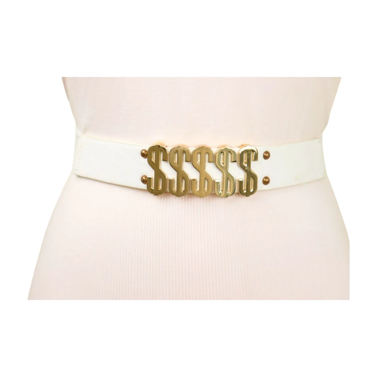 Women White Narrow Elastic Belt Gold Metal Dollar $$$ Size S M z009