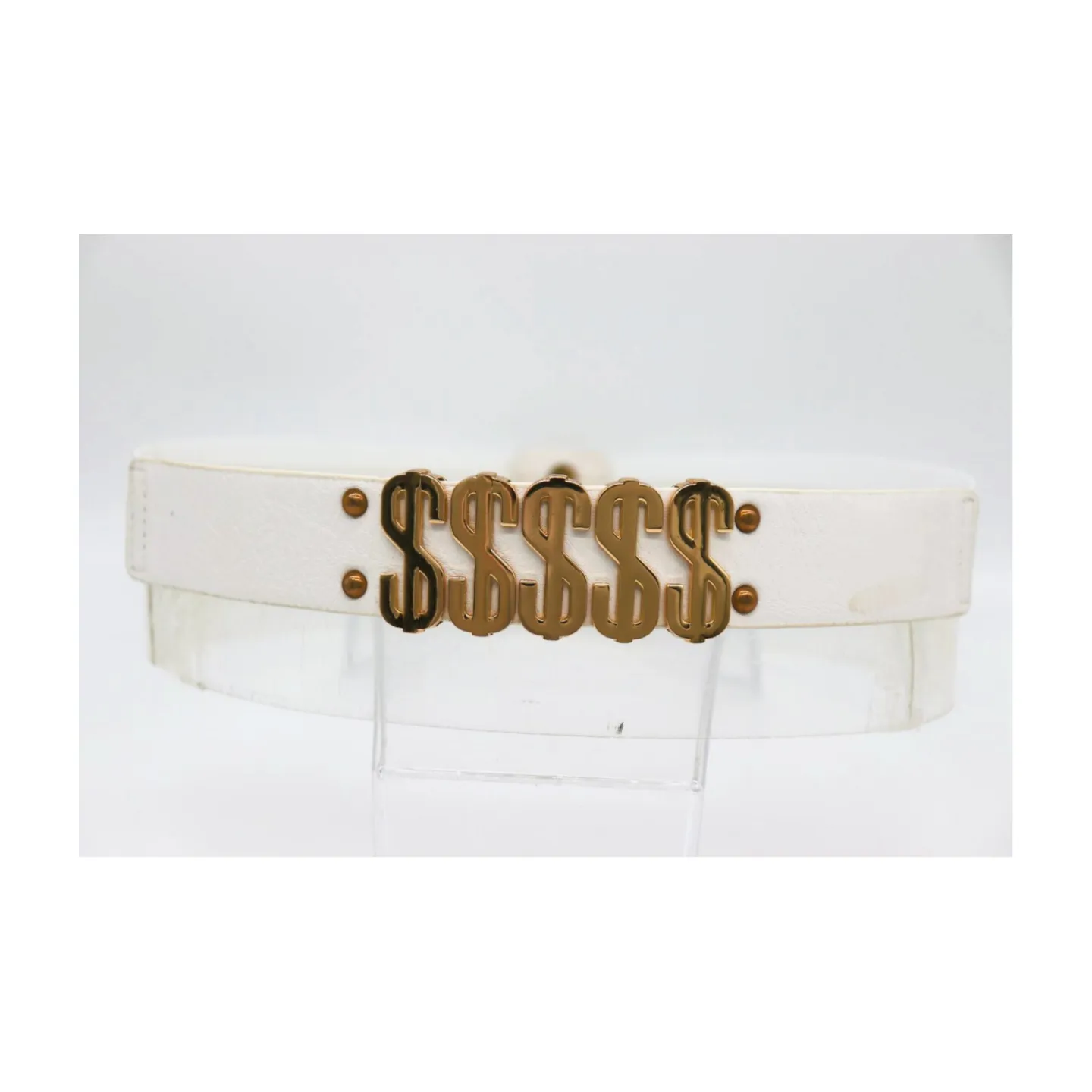 Women White Narrow Elastic Belt Gold Metal Dollar $$$ Size S M z009
