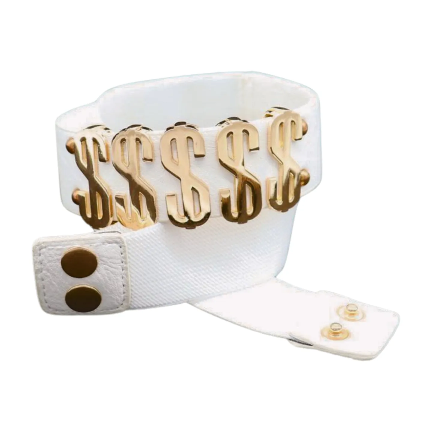 Women White Narrow Elastic Belt Gold Metal Dollar $$$ Size S M z009