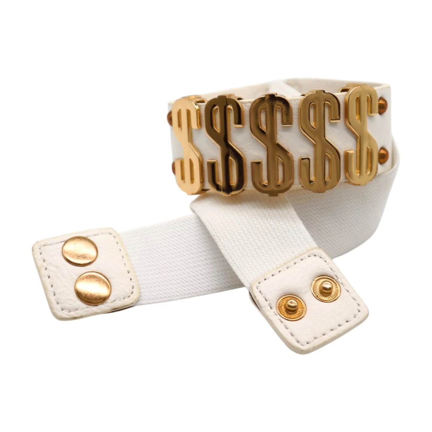 Women White Narrow Elastic Belt Gold Metal Dollar $$$ Size S M z009