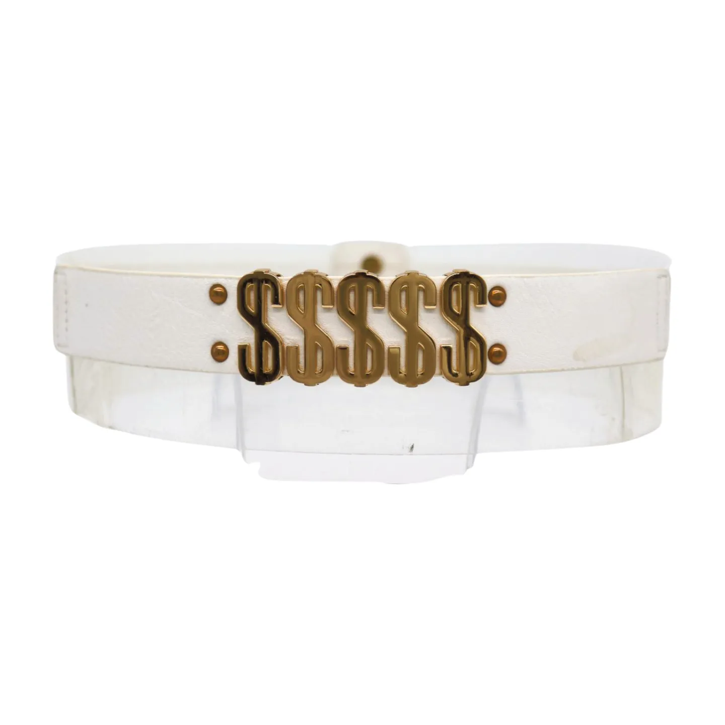 Women White Narrow Elastic Belt Gold Metal Dollar $$$ Size S M z009
