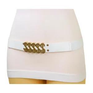 Women White Narrow Elastic Belt Gold Metal Dollar $$$ Size S M z009