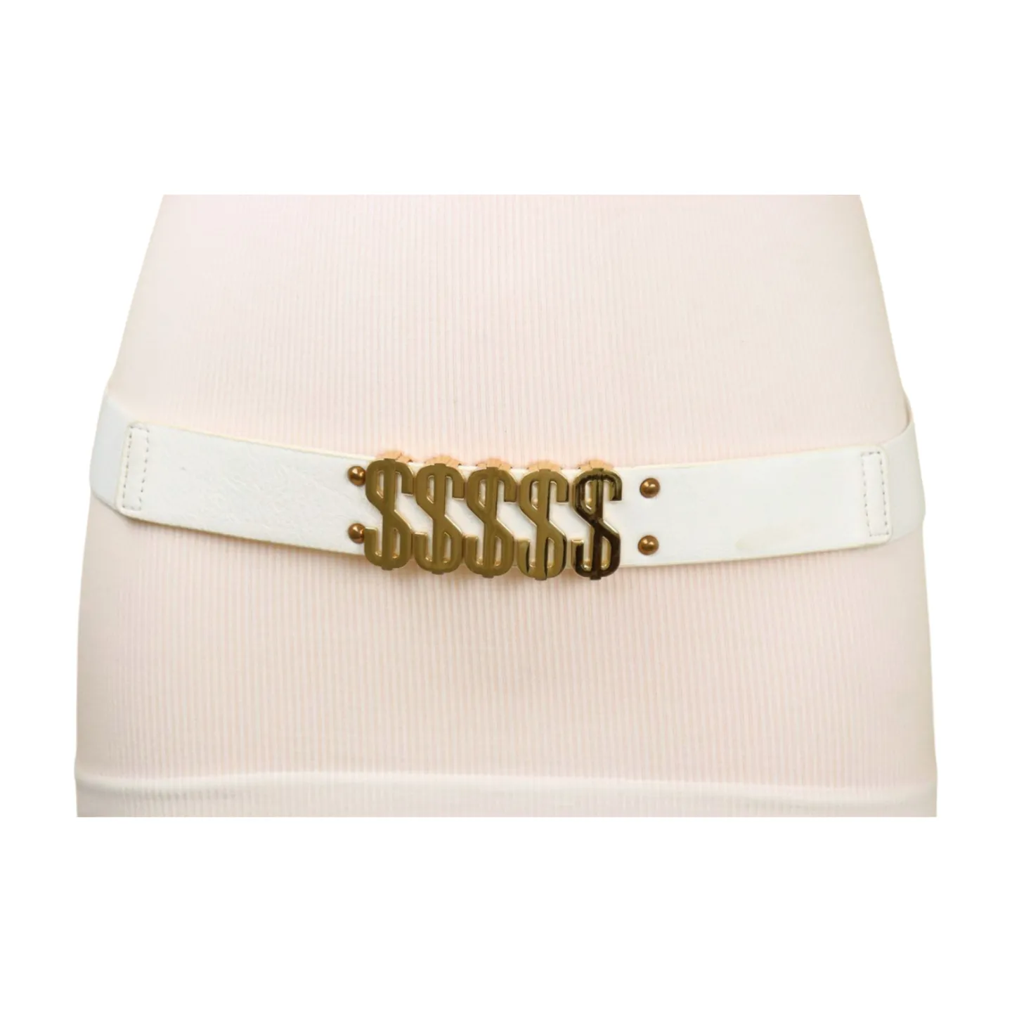 Women White Narrow Elastic Belt Gold Metal Dollar $$$ Size S M z009