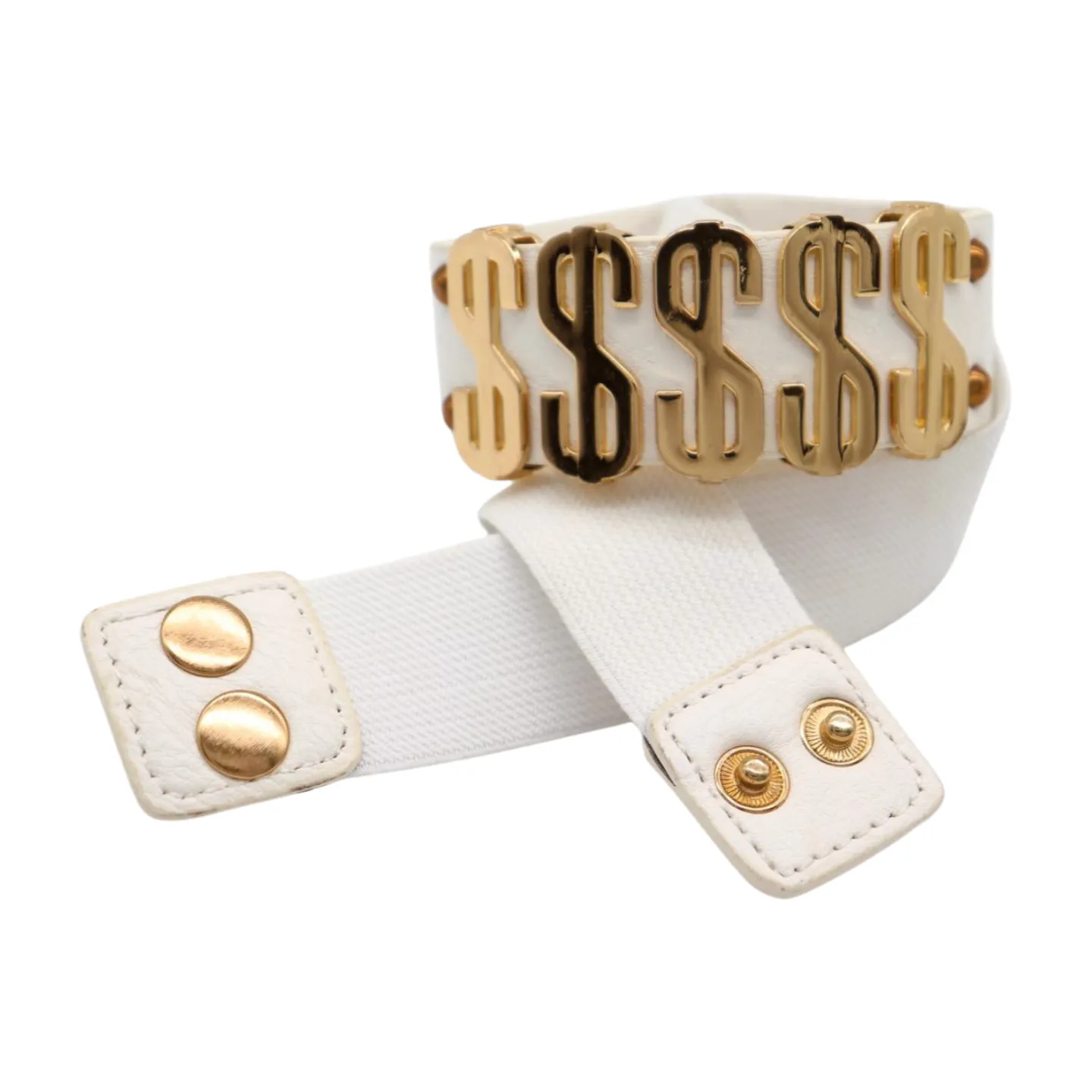 Women White Narrow Elastic Belt Gold Metal Dollar $$$ Size S M z009