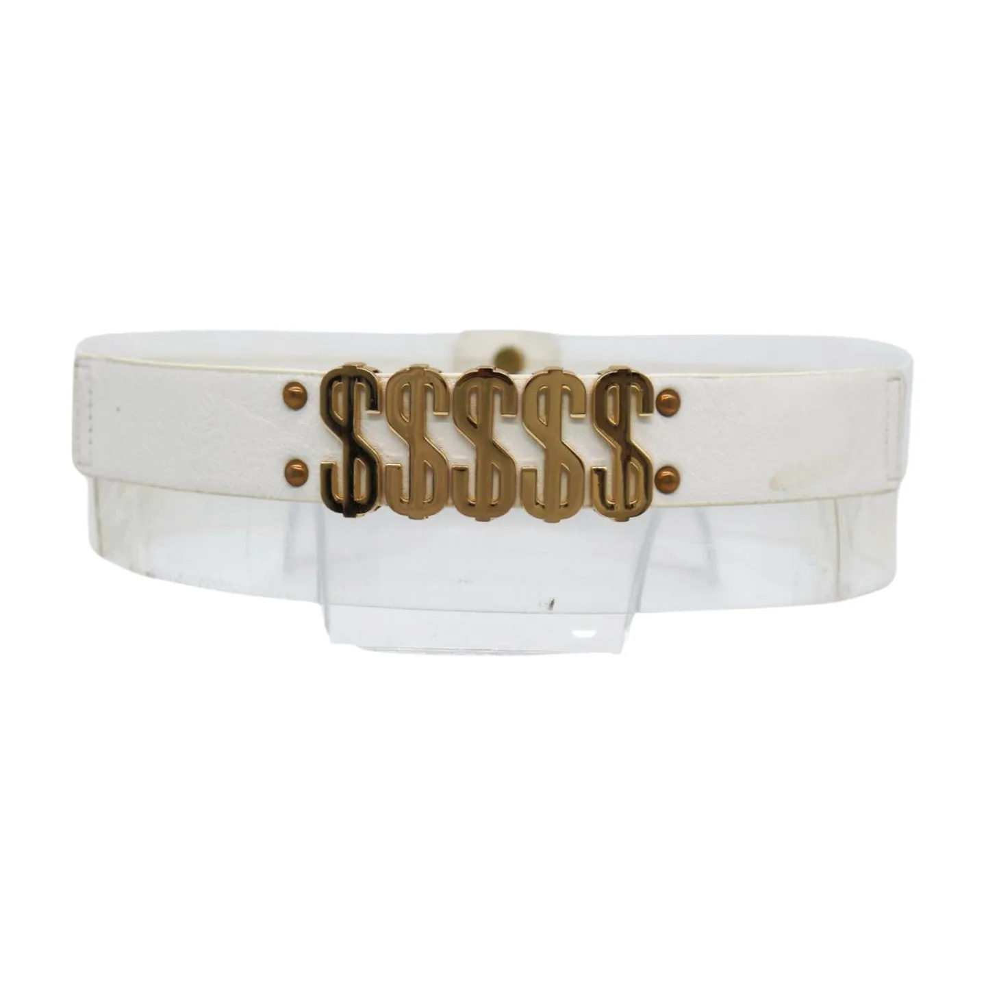 Women White Narrow Elastic Belt Gold Metal Dollar $$$ Size S M z009