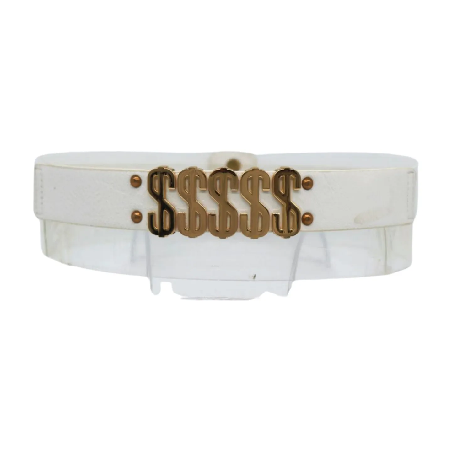 Women White Narrow Elastic Belt Gold Metal Dollar $$$ Size S M z009