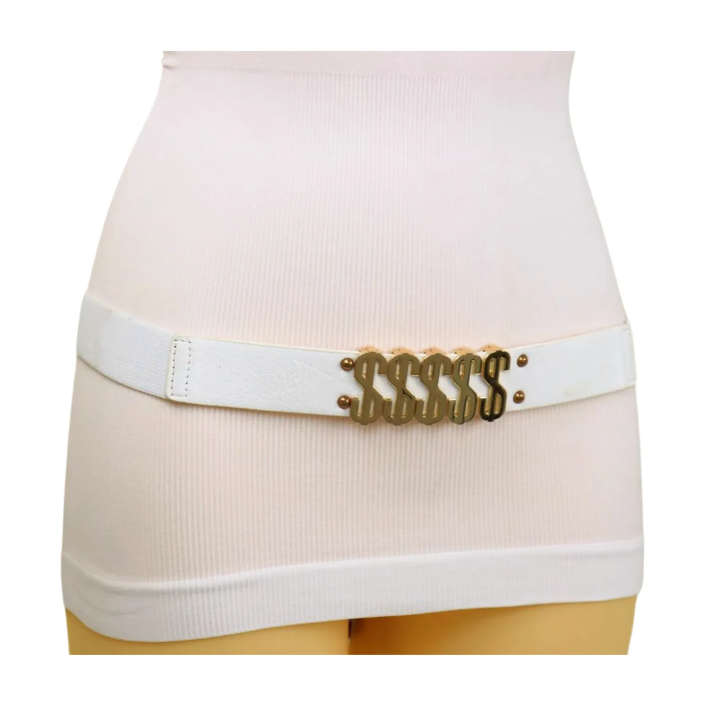 Women White Narrow Elastic Belt Gold Metal Dollar $$$ Size S M z009