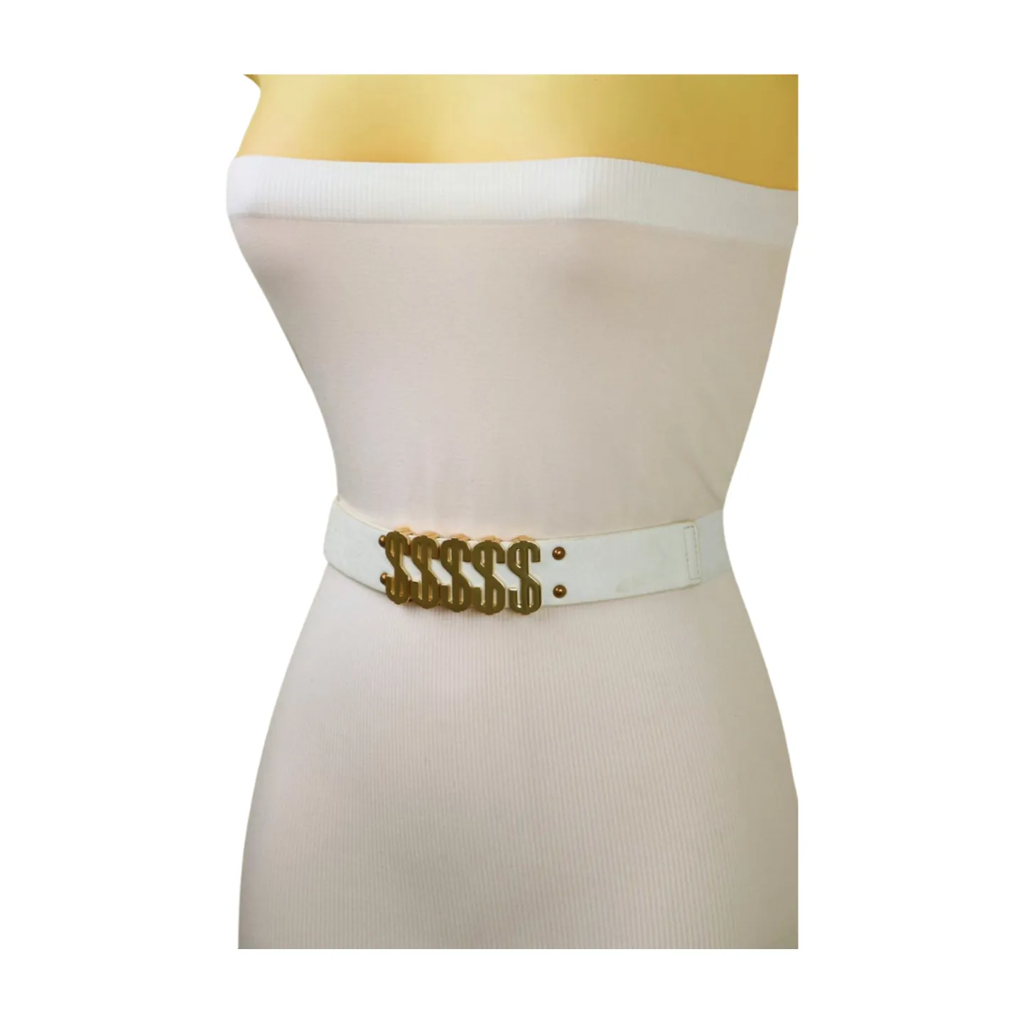 Women White Narrow Elastic Belt Gold Metal Dollar $$$ Size S M z009