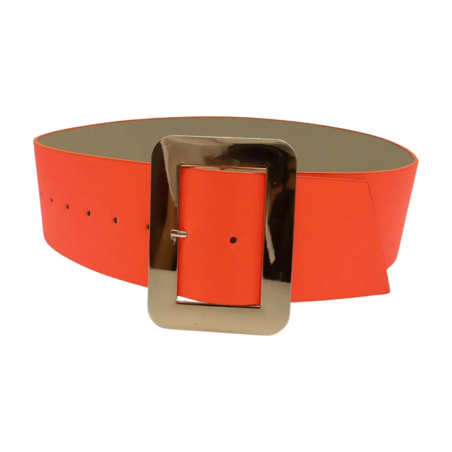 Women Wide Belt Neon Orange Faux Leather Gold Square Buckle S M
