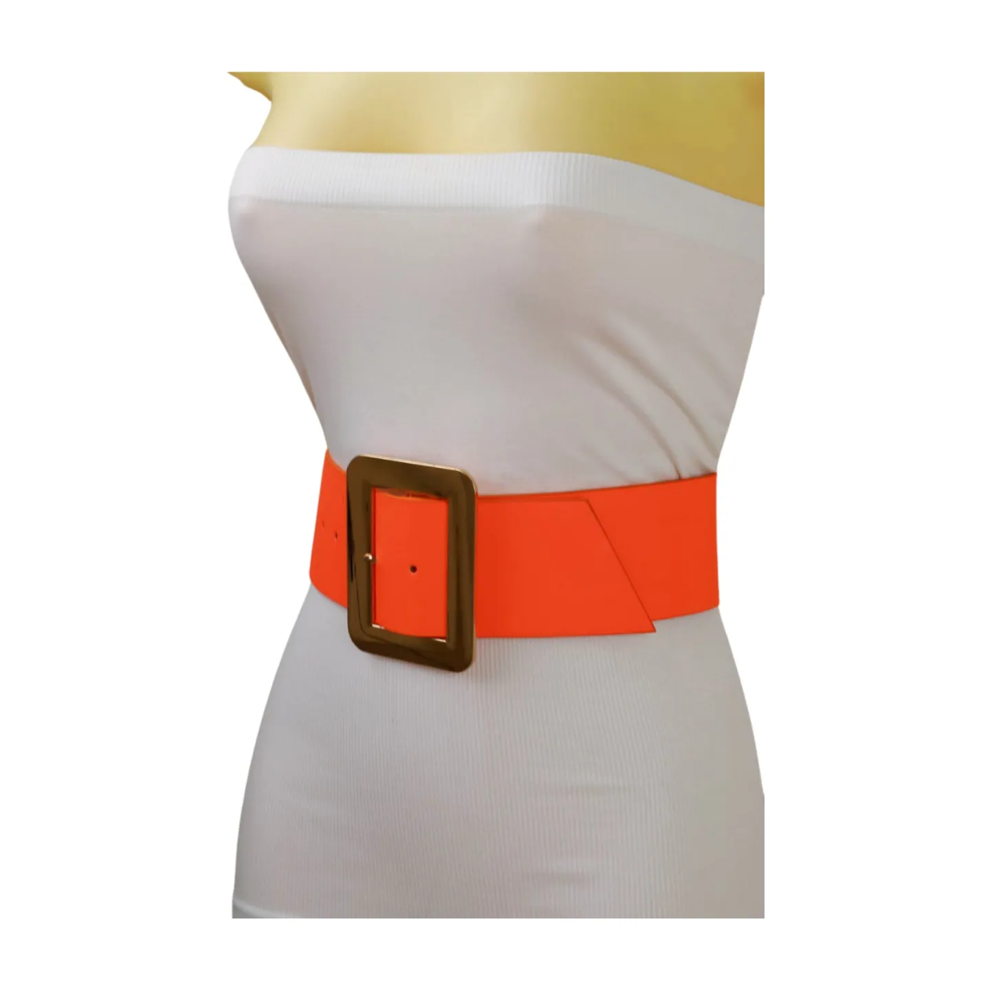 Women Wide Belt Neon Orange Faux Leather Gold Square Buckle S M