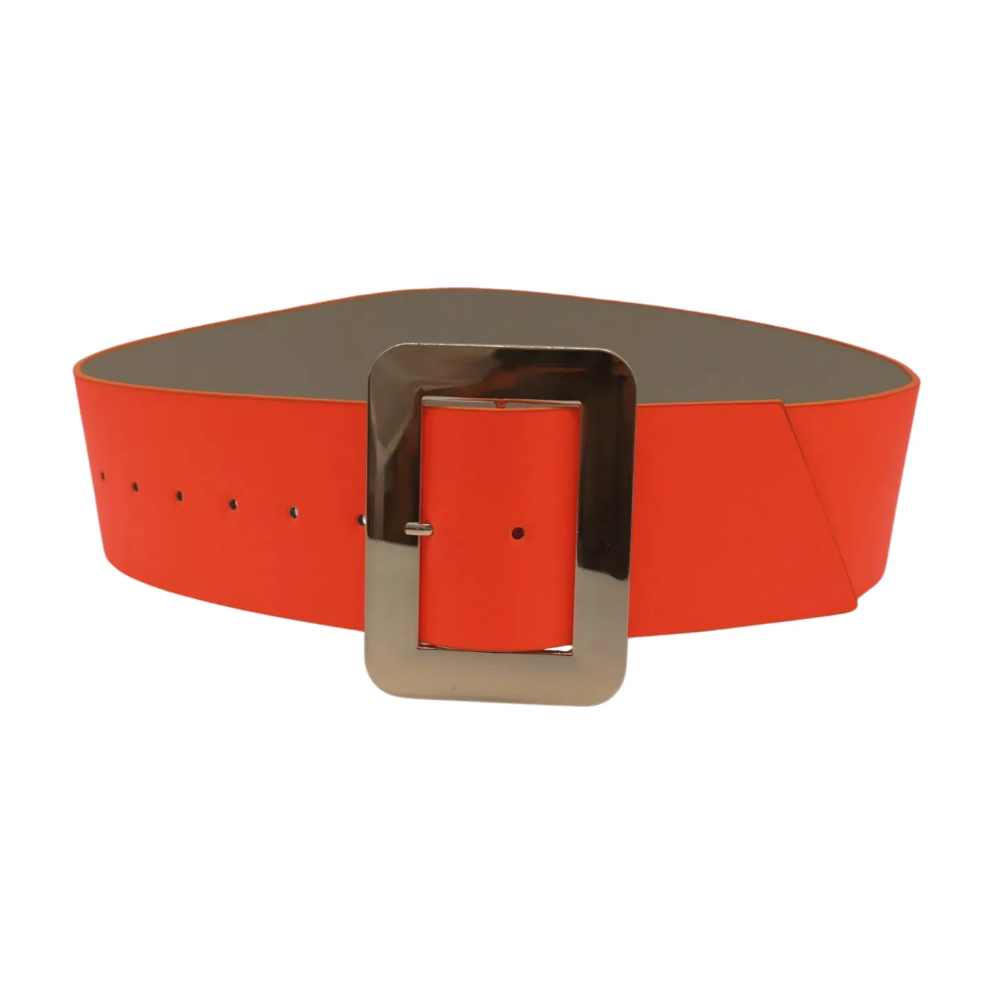 Women Wide Belt Neon Orange Faux Leather Gold Square Buckle S M