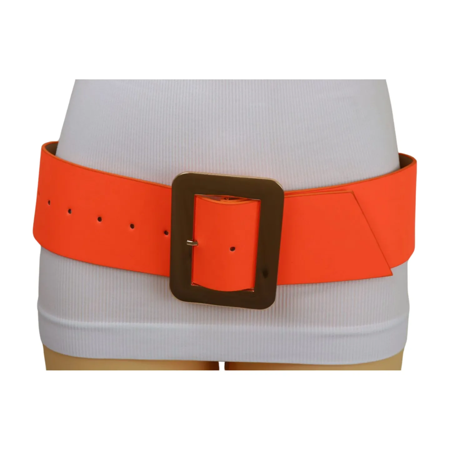 Women Wide Belt Neon Orange Faux Leather Gold Square Buckle S M