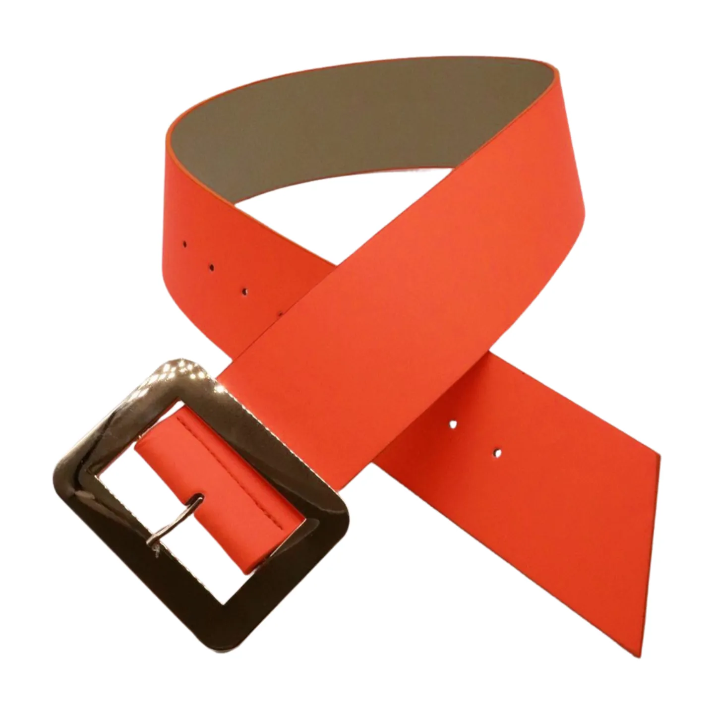 Women Wide Belt Neon Orange Faux Leather Gold Square Buckle S M