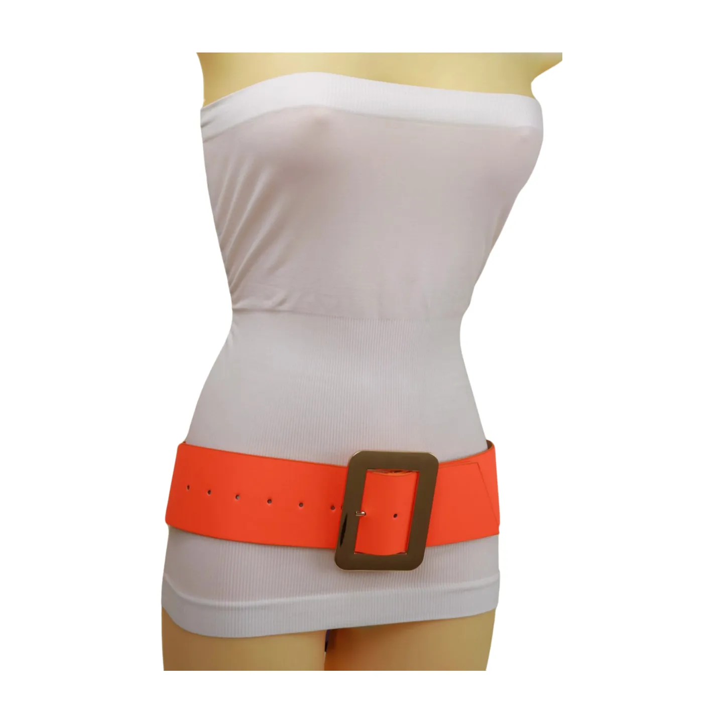 Women Wide Belt Neon Orange Faux Leather Gold Square Buckle S M