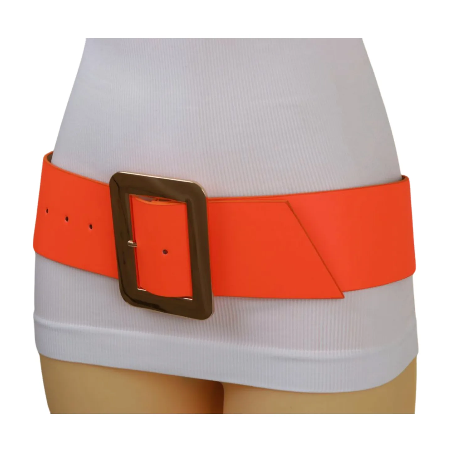 Women Wide Belt Neon Orange Faux Leather Gold Square Buckle S M