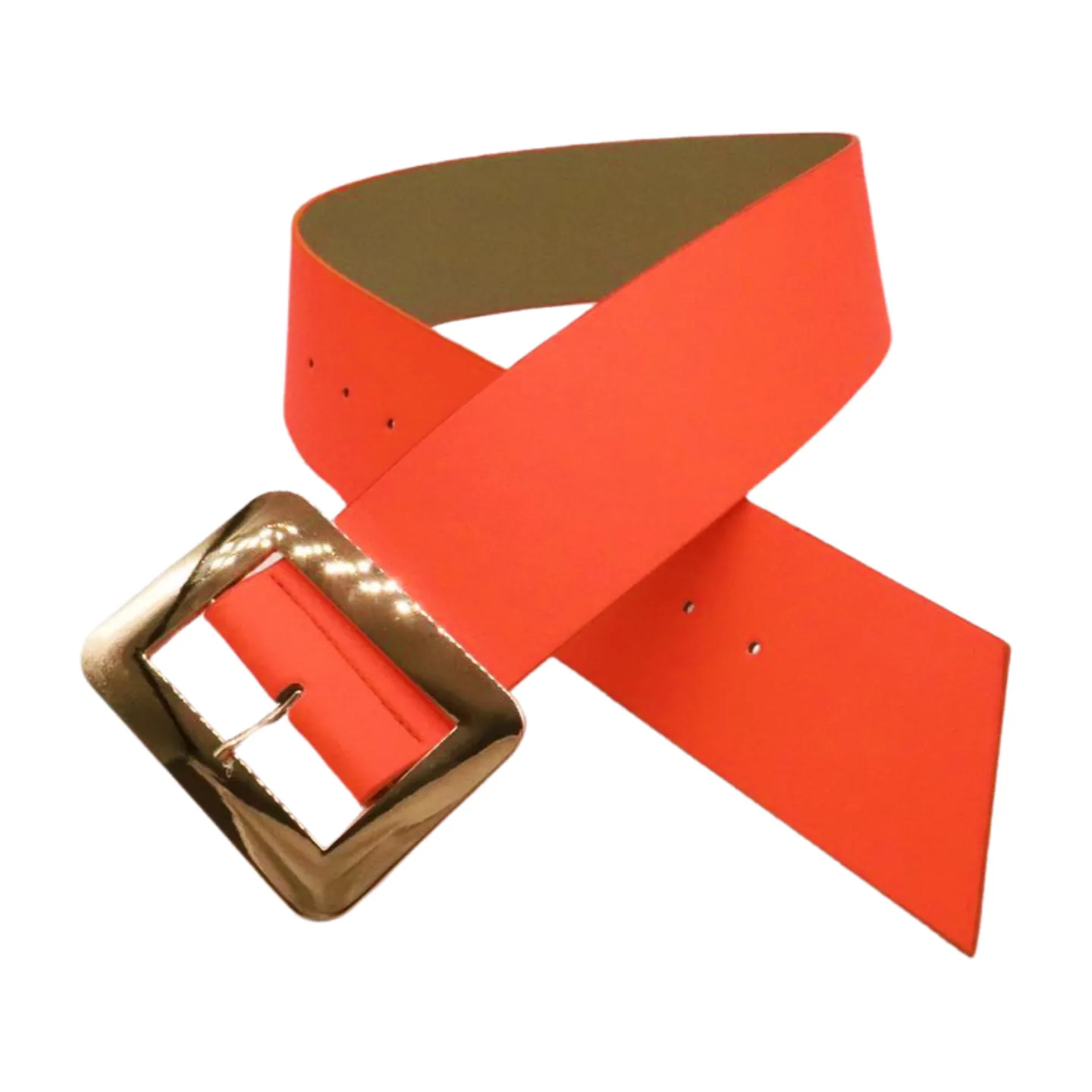 Women Wide Belt Neon Orange Faux Leather Gold Square Buckle S M