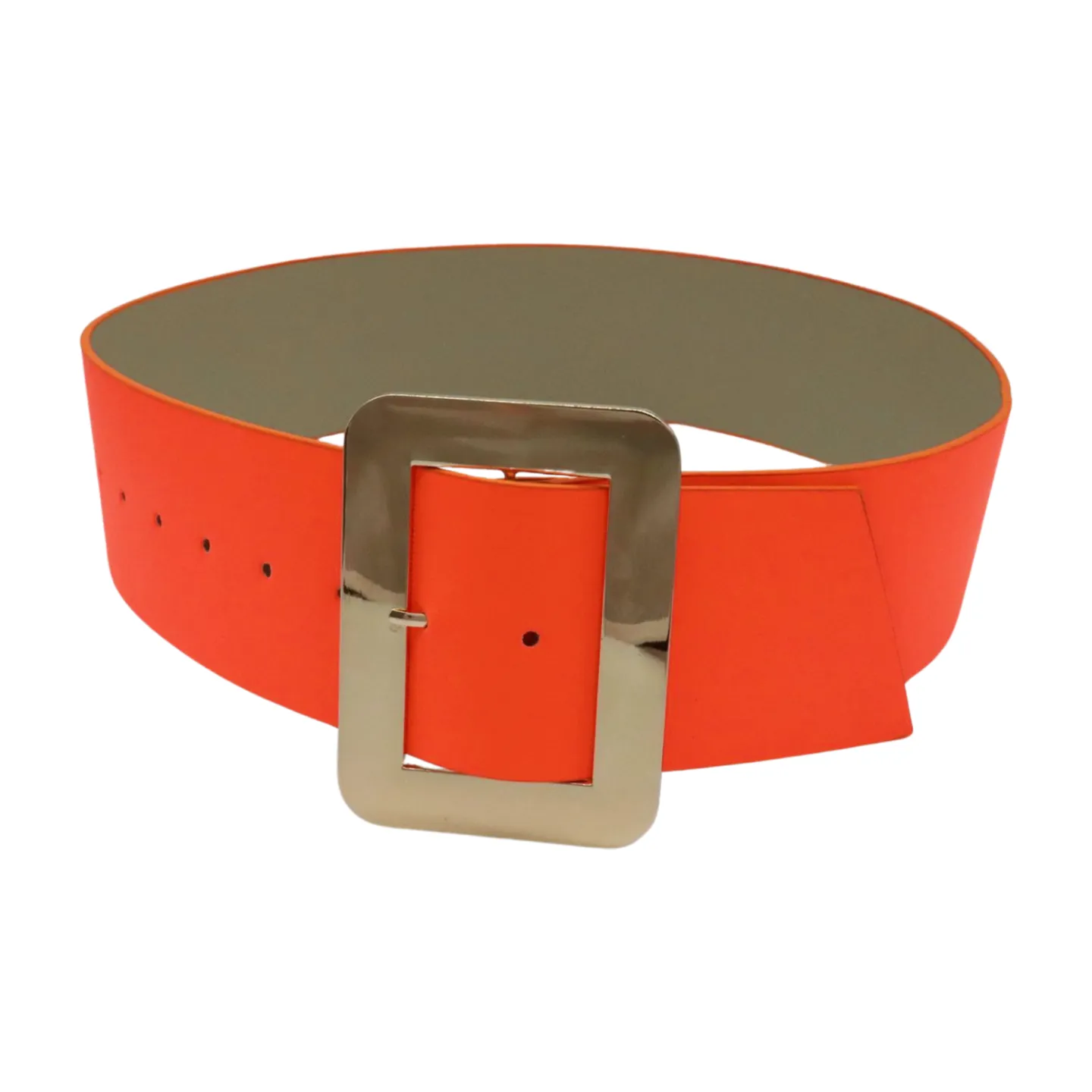 Women Wide Belt Neon Orange Faux Leather Gold Square Buckle S M