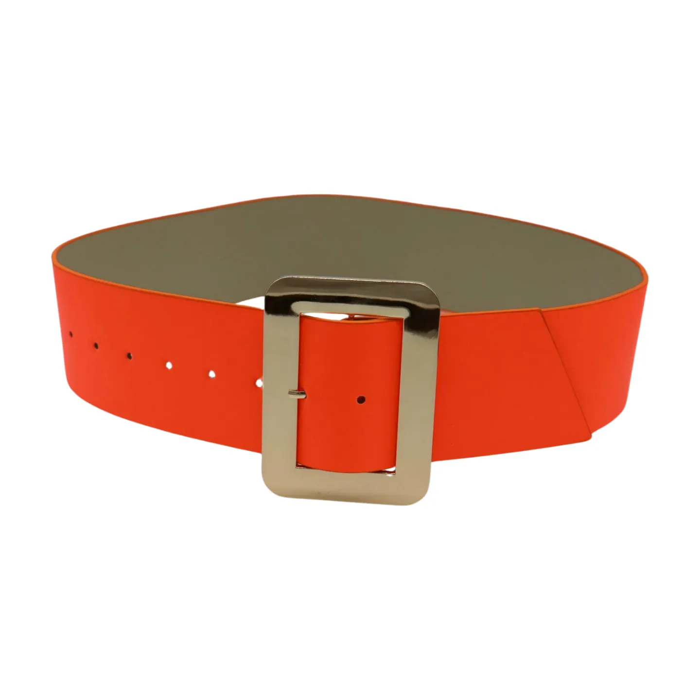 Women Wide Belt Neon Orange Faux Leather Gold Square Buckle S M