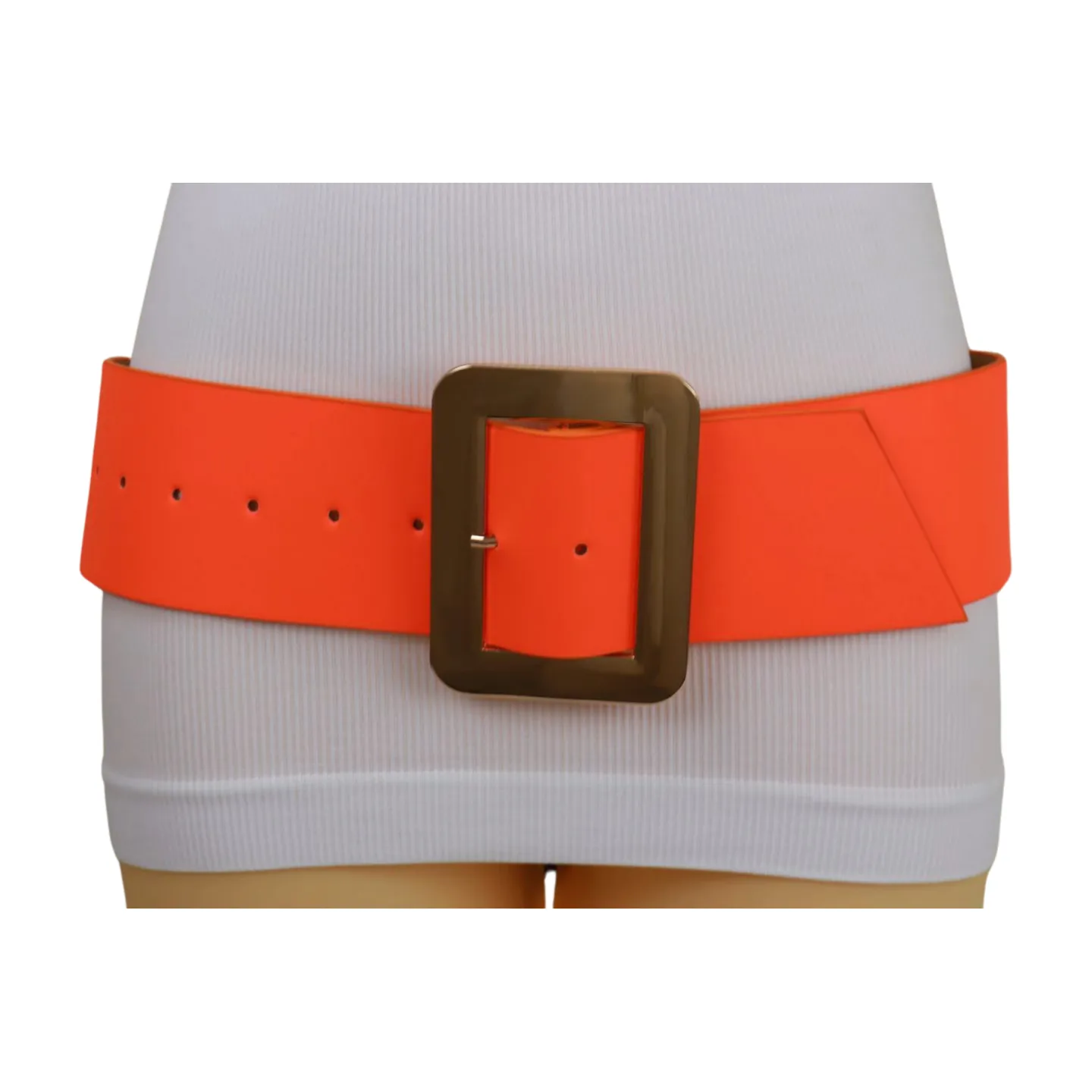 Women Wide Belt Neon Orange Faux Leather Gold Square Buckle S M