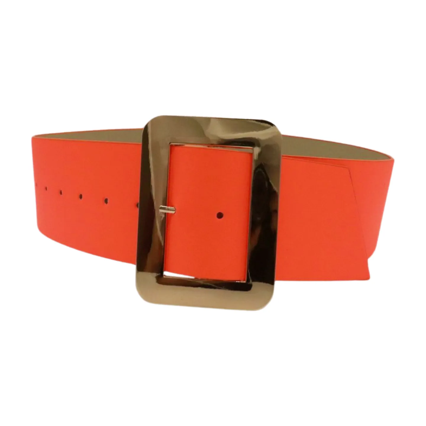 Women Wide Belt Neon Orange Faux Leather Gold Square Buckle S M