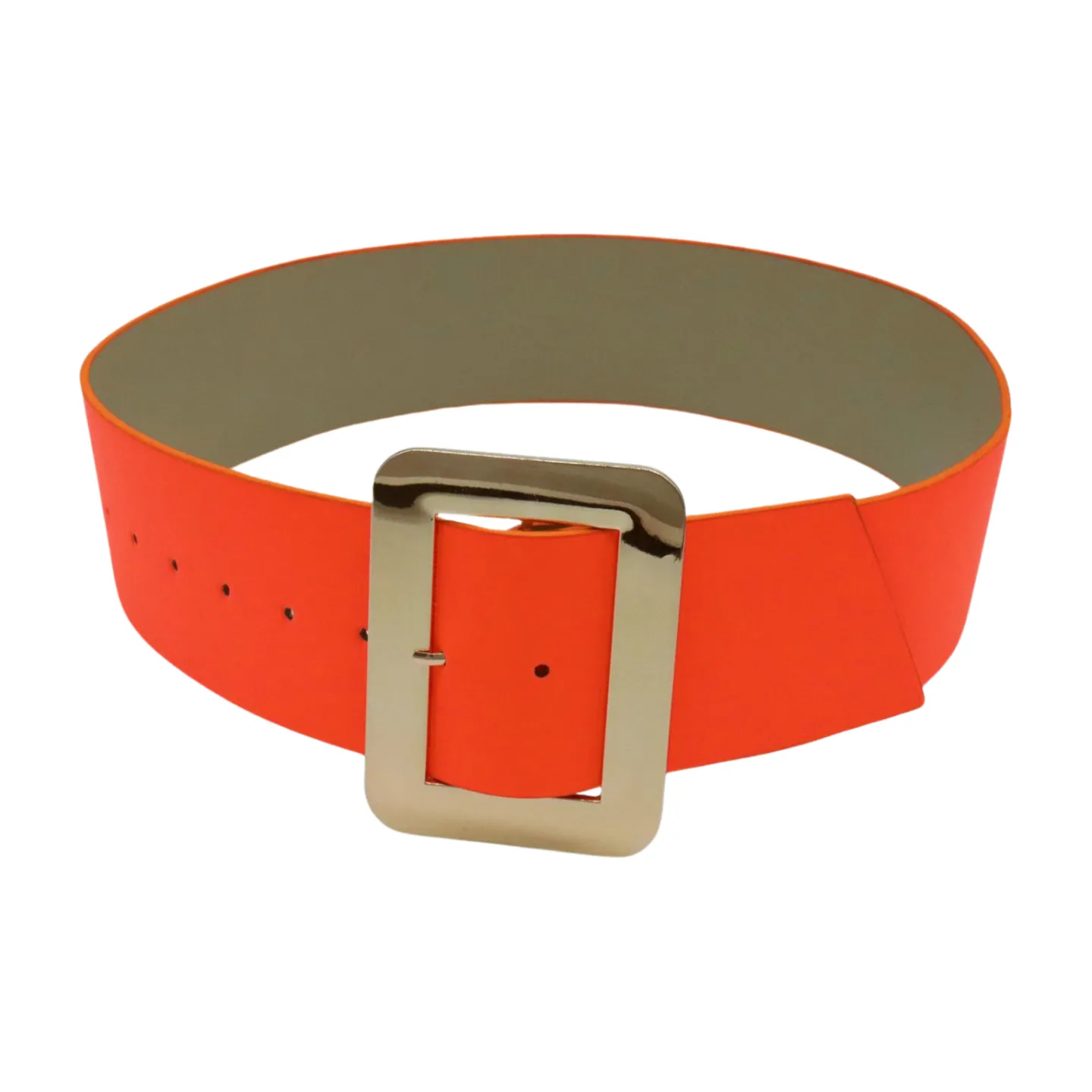 Women Wide Belt Neon Orange Faux Leather Gold Square Buckle S M