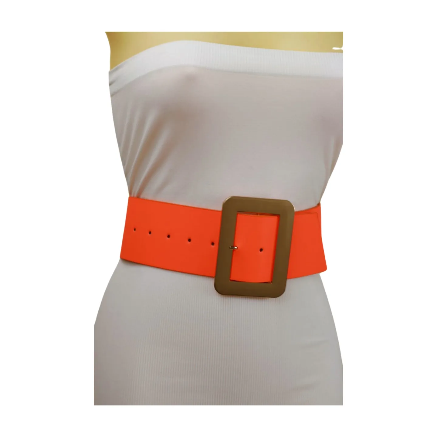 Women Wide Belt Neon Orange Faux Leather Gold Square Buckle S M