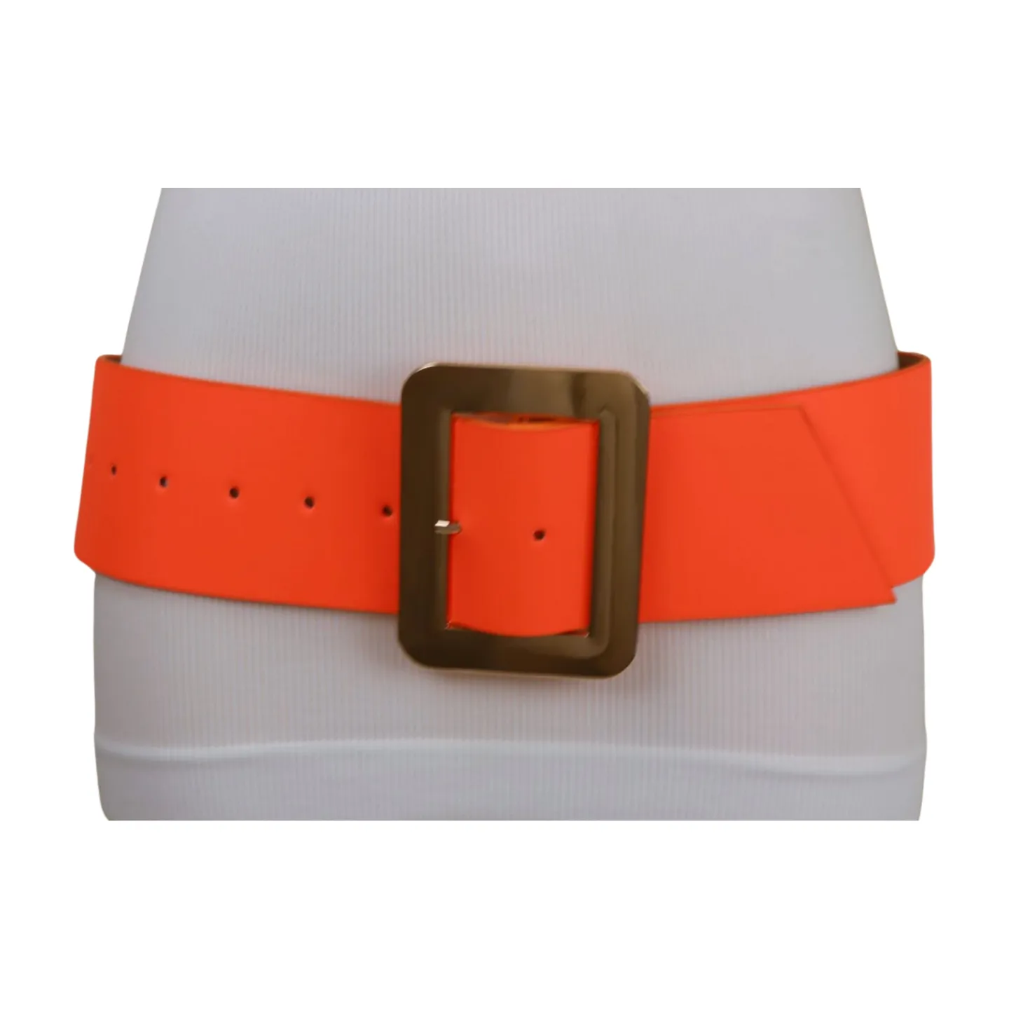 Women Wide Belt Neon Orange Faux Leather Gold Square Buckle S M