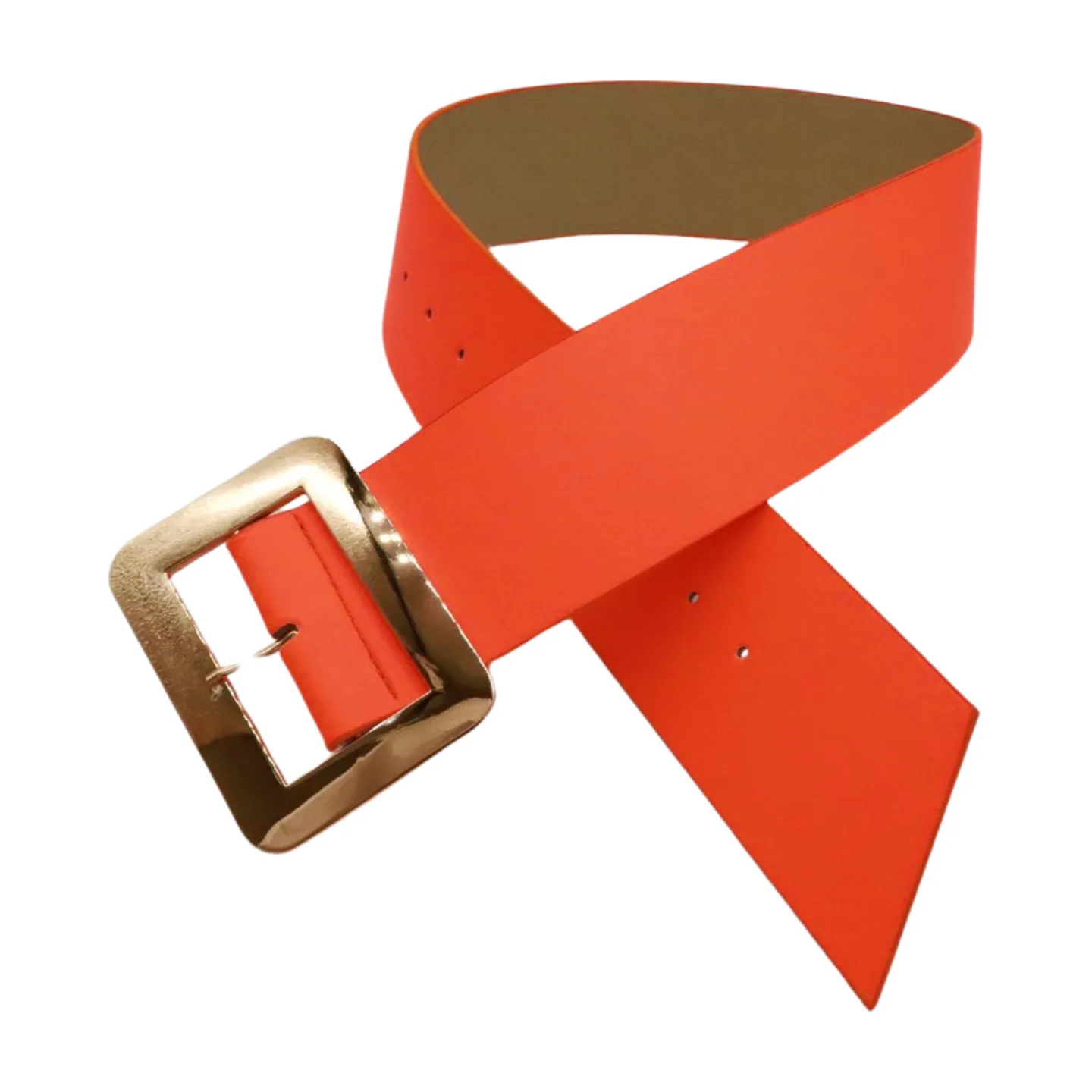 Women Wide Belt Neon Orange Faux Leather Gold Square Buckle S M