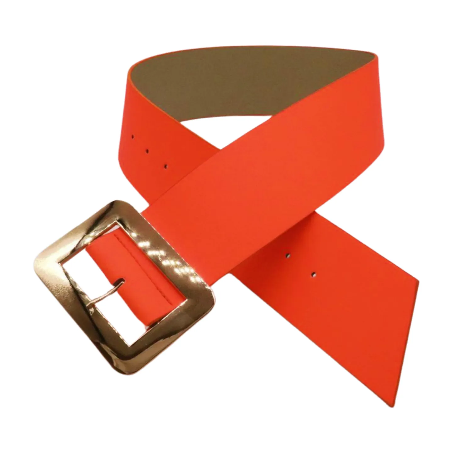 Women Wide Belt Neon Orange Faux Leather Gold Square Buckle S M