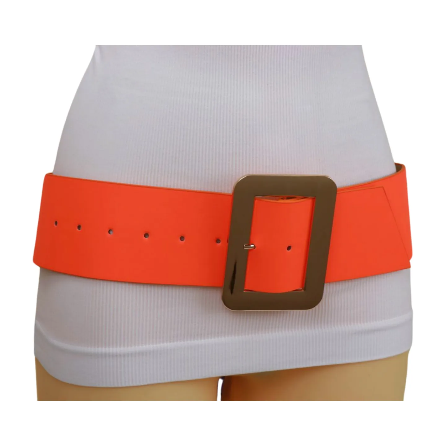 Women Wide Belt Neon Orange Faux Leather Gold Square Buckle S M