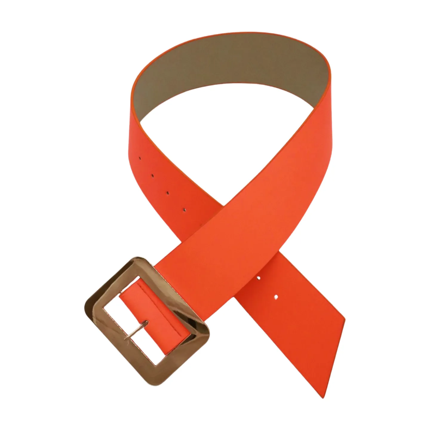 Women Wide Belt Neon Orange Faux Leather Gold Square Buckle S M