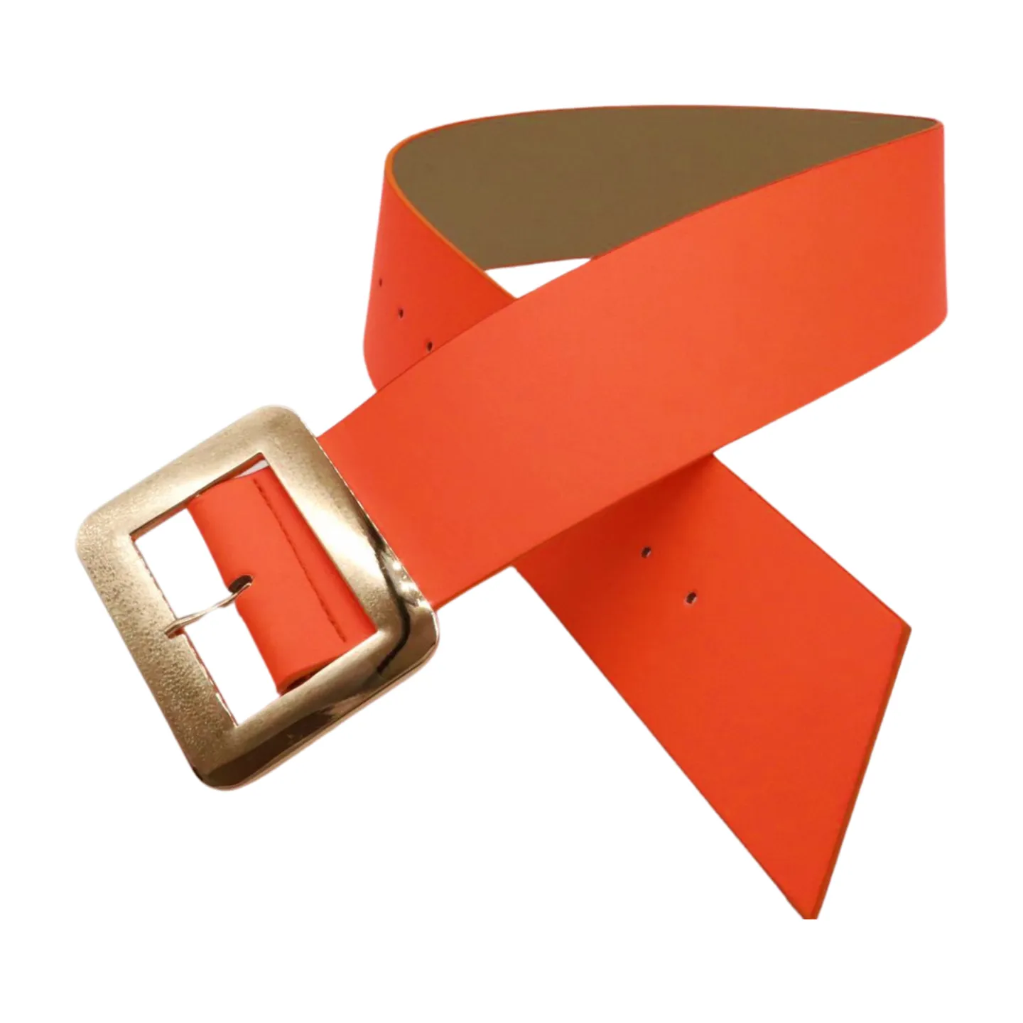 Women Wide Belt Neon Orange Faux Leather Gold Square Buckle S M