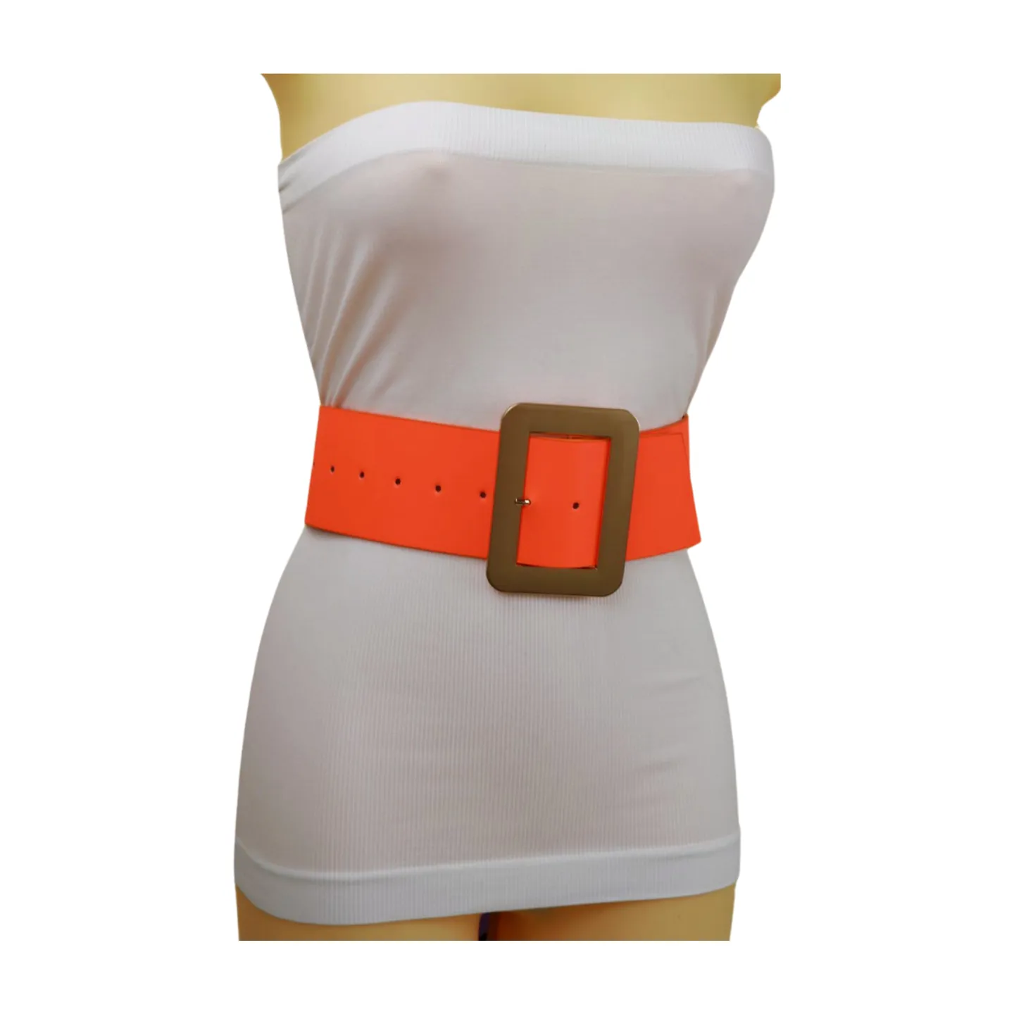 Women Wide Belt Neon Orange Faux Leather Gold Square Buckle S M