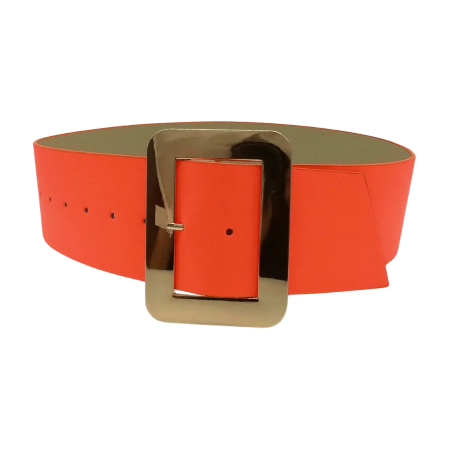 Women Wide Belt Neon Orange Faux Leather Gold Square Buckle S M