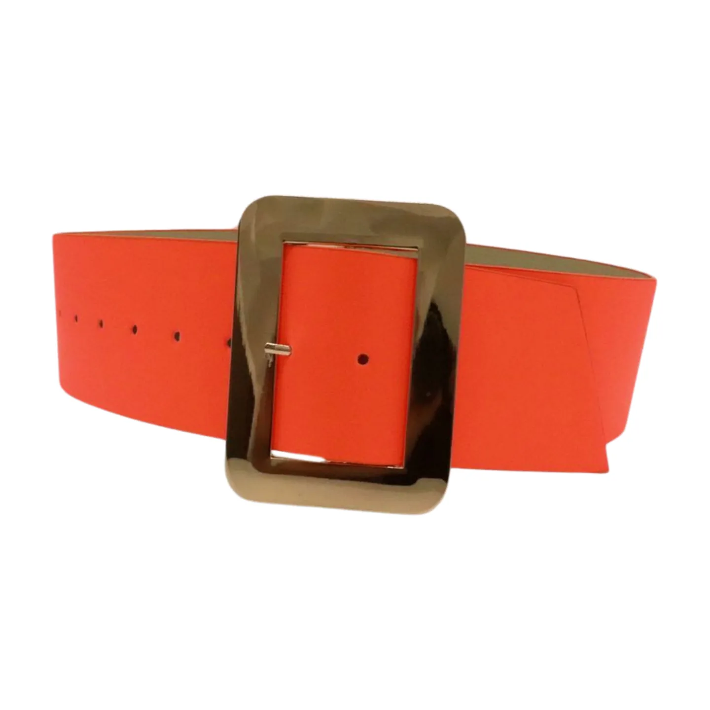Women Wide Belt Neon Orange Faux Leather Gold Square Buckle S M