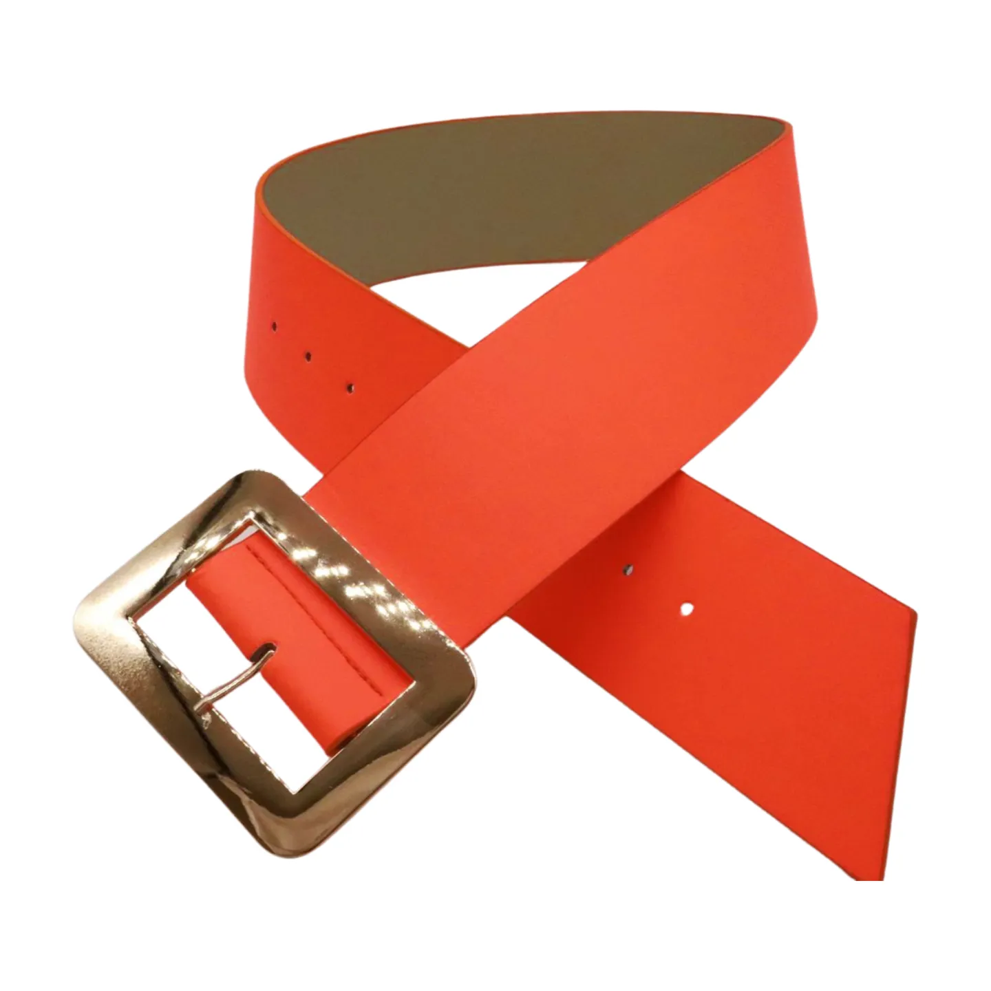 Women Wide Belt Neon Orange Faux Leather Gold Square Buckle S M