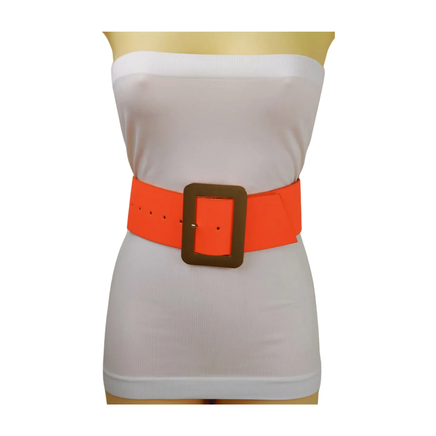 Women Wide Belt Neon Orange Faux Leather Gold Square Buckle S M